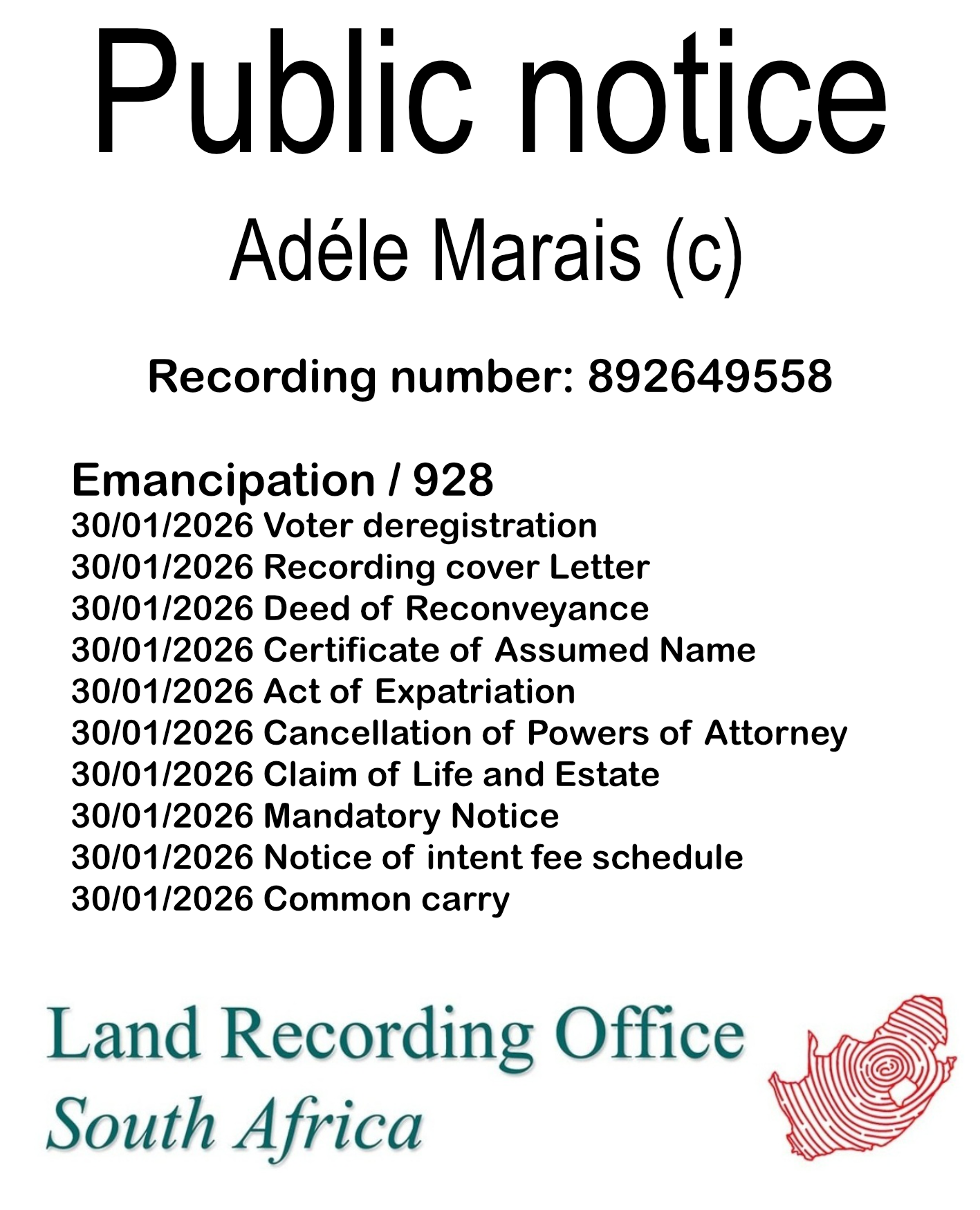 Public notice Adéle Marais (c) Recording number 892649558